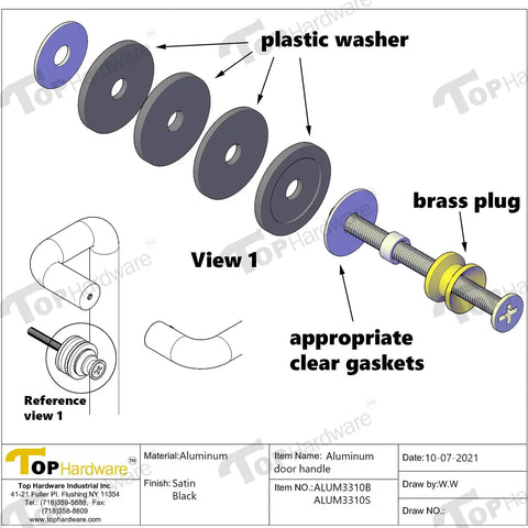 Premium Aluminum Push Bar With 10 Inch Center To Center Pull Handle Set In Satin Brush Finish For Glass And Metal Storefront Doors, Heavy Duty Commercial Door Hardware For High Traffic Areas assembly diagram with plastic washers and brass plug