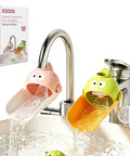 Handy Dandy Silicone Faucet Extender For Toddlers Smooth Sink Reach Helper dual pack, food safe silicone nozzles in a bathroom sink.