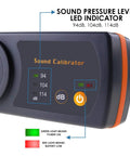 Sound Level Calibrator For Meters 94dB 104dB 114dB With 1kHz Reference, LED indicators showing pressure levels and battery status