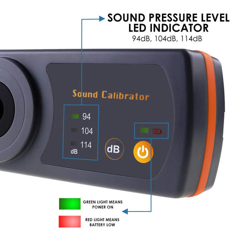 Sound Level Calibrator For Meters 94dB 104dB 114dB With 1kHz Reference, LED indicators showing pressure levels and battery status