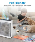 Boy with dog near air purifier showcasing Two Pack Vital 100 Replacement Filters With Four Extra Pre Filters Compatible With Vital 100
