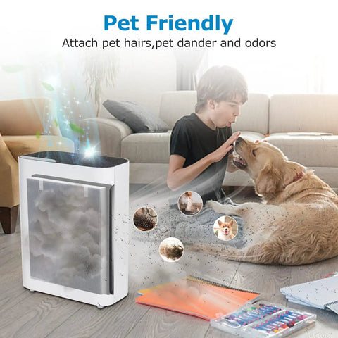 Boy with dog near air purifier showcasing Two Pack Vital 100 Replacement Filters With Four Extra Pre Filters Compatible With Vital 100
