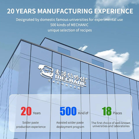 Exterior of building with 'MECHANIC' logo, showcasing 20 years of manufacturing experience and solder paste production details.