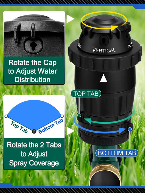 Close-up of adjustable spray lawn sprinkler with rotating head and tabs for spray coverage adjustments