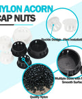 Nylon acorn cap nuts in black and white with firm buckle design, multiple marked sizes, smooth surface, quality nylon material.