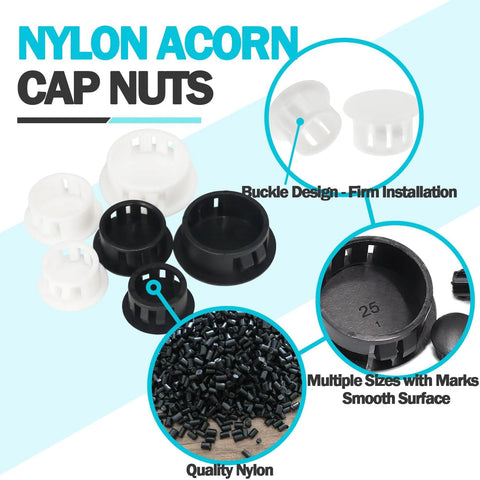 Nylon acorn cap nuts in black and white with firm buckle design, multiple marked sizes, smooth surface, quality nylon material.