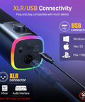 USB XLR Podcasting Microphone For PC And Streaming Dope Dynamic Desktop Studio Mic With Mute Button RGB Lighting Sturdy Stand Ideal For Gaming And Video Production PD100X with USB/XLR connectivity diagram.