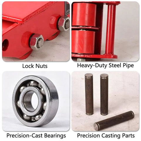 Components of Beefy 4 Wheel Heavy Duty Machine Skate Dolly Set including lock nuts, steel pipes, bearings, casting parts