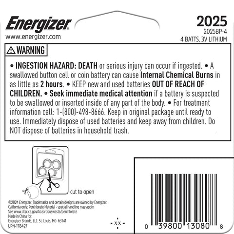 Energizer 2025 Lithium coin batteries packaging with warning label and safety instructions, 4 pack, child-proof design.