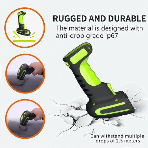 Built Tough Rugged 2D Wireless Barcode Scanner With Charging Dock Bluetooth Drop Resistant Industrial Scanner For QR And 1D Codes Long Range Transmission Up To 1968 Feet 433MHz