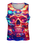 Killer Mens Sleeveless Tank Top Featuring Dope Neon Wolf And Flame Mechanical Skull Graphic Summer Muscle Tee. Bright skull design.