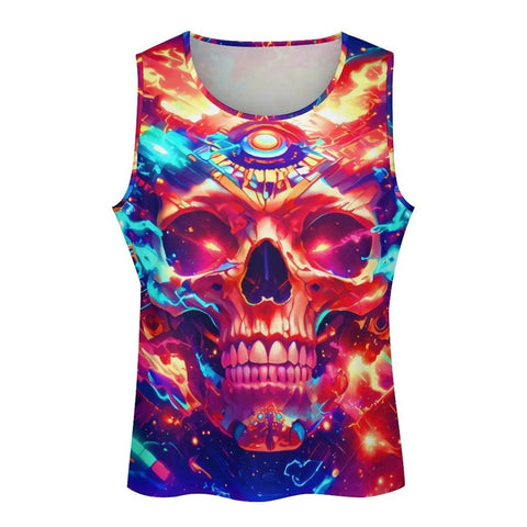 Killer Mens Sleeveless Tank Top Featuring Dope Neon Wolf And Flame Mechanical Skull Graphic Summer Muscle Tee. Bright skull design.