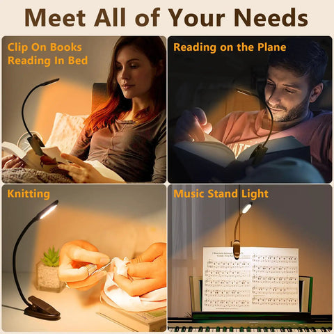 Rechargeable Clip On Book Light With Eye Care 3 Color Temperatures Blue Light Blocking Filter Lightweight Bed Reading Light For Books Up To 60 Hours Of Cozy Illumination used for various activities like reading, knitting, and music reading.