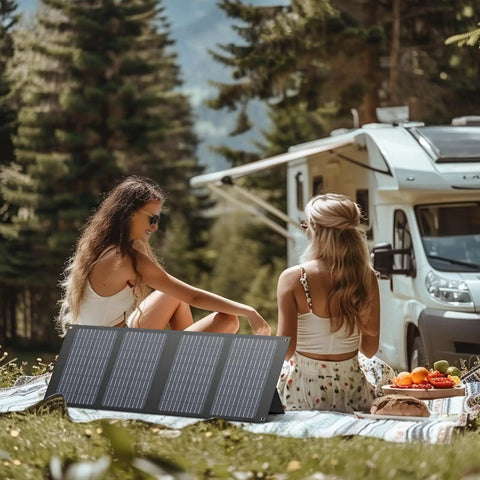 Two women sitting on a picnic blanket next to a 40W Foldable Solar Panel Charger For Power Stations And Camping Gear, RV in background.