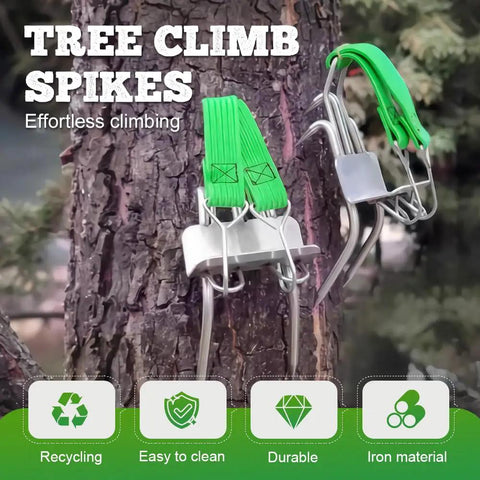 High Grip Tree Climbing Shoes With Cat Claw Spikes Set attached to tree, showing iron construction and adjustable straps