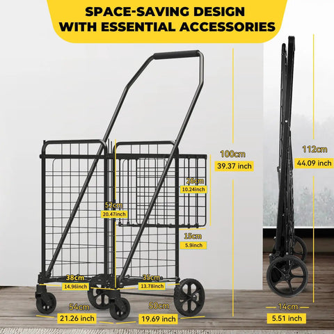 Heavy Duty Folding Shopping Cart With Double Basket And 380 Pound Capacity, 3.7 Cu Ft Portable Grocery Cart dimensions and design