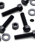 Ten Piece Black Nylon Hex Head Bolts M12 X 50Mm Plastic Fasteners Including Matched Nuts And Washers For Top Shelf Electrical Repairs Heavy Duty Corrosion Free Hardware No Sweat laid out on a white background.