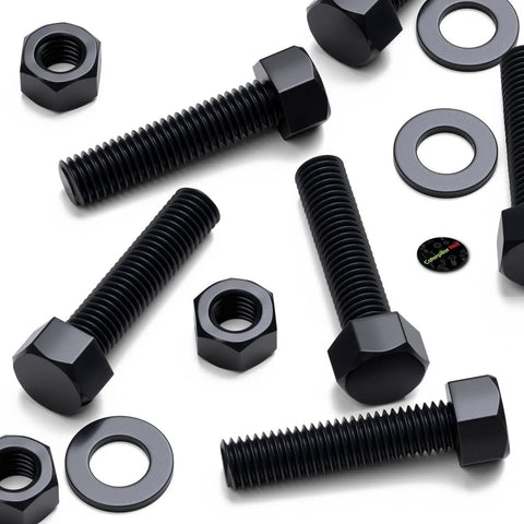 Ten Piece Black Nylon Hex Head Bolts M12 X 50Mm Plastic Fasteners Including Matched Nuts And Washers For Top Shelf Electrical Repairs Heavy Duty Corrosion Free Hardware No Sweat laid out on a white background.
