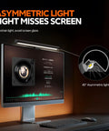 Monitor Light Bar Dimmable USB Lamp With Eye Care Tech No Screen Glare Backlight Wireless Controller Fits Any Monitor Space Saving Desk Light for Home Office and Gaming Setups showing asymmetric light over monitor