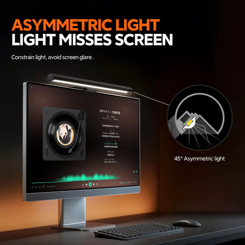 Monitor Light Bar Dimmable USB Lamp With Eye Care Tech No Screen Glare Backlight Wireless Controller Fits Any Monitor Space Saving Desk Light for Home Office and Gaming Setups showing asymmetric light over monitor
