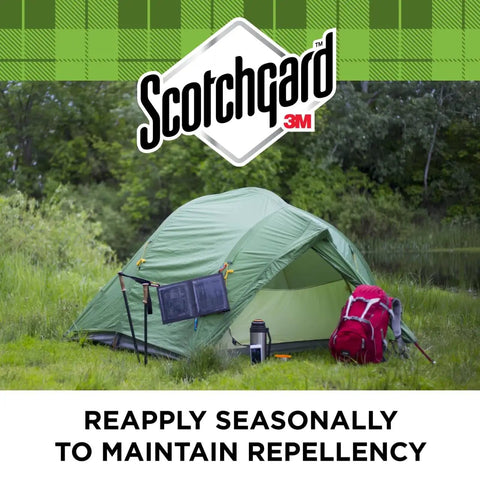 Outdoor Water Shield Spray For Fabric Protection Against Rainy Weather used on green tent, backpack and gear in forest setting