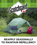 Tent and hiking gear in nature with Scotchgard logo, promoting Water Shield Outdoor Fabric Spray For Gear And Patio Furniture, 10.5 Ounces.