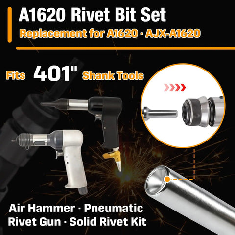 A1620 Pneumatic Air Hammer Rivet Bit Set For 3/16 Inch Universal Rivets Dome And Countersunk Heads, Fits 0.401 Inch Shank Air Rivet Gun