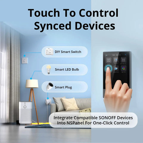Finger touching NSPanel Smart Switch 2-Switch Touchscreen Control Hub for one-tap scenes, next to smart home devices icons