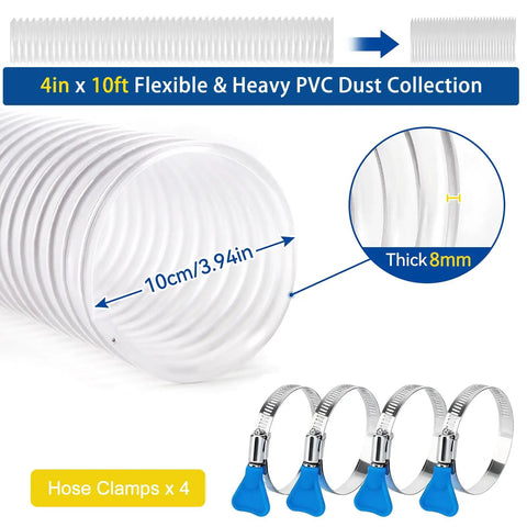 Beefy 4 Inch Dust Collection Hose, 10 Feet Long, Heavy Duty Clear PVC Fume Hose With 4 Clamps