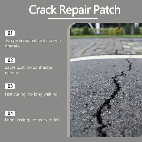 Close-up of crack repair patch on asphalt highlighting durability and easy DIY application benefits.