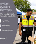Straight Fire High Visibility Surveyor Safety Vest With Ten Bulk Storage Pockets And Reflective Tape Built For Daily Site Crews Wanting Tough Gear That Keeps Them Clearly Noted And Fully Loaded When Running Tough Shifts On Site In Medium Cut, shown in use by a worker.