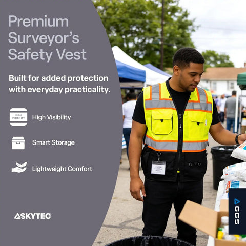 Straight Fire High Visibility Surveyor Safety Vest With Ten Bulk Storage Pockets And Reflective Tape Built For Daily Site Crews Wanting Tough Gear That Keeps Them Clearly Noted And Fully Loaded When Running Tough Shifts On Site In Medium Cut, shown in use by a worker.