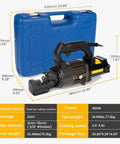 USZWBY Portable Hydraulic Rebar Cutter 900W Handheld Steel Bar Cutting Machine Ideal For 4-16mm Rods with carrying case and dimensions.