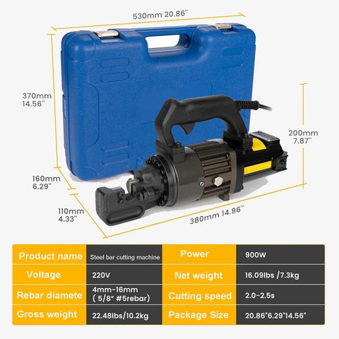 USZWBY Portable Hydraulic Rebar Cutter 900W Handheld Steel Bar Cutting Machine Ideal For 4-16mm Rods with carrying case and dimensions.