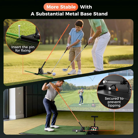 Golf Alignment Sticks Holder And Swing Trainer in use on golf course and indoor simulator with foam-padded tool visible.