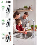 Family using Jlerli Pull-Down Kitchen Faucet, High Arc, Brushed Nickel, 3-Modes Sprayer at a modern sink.