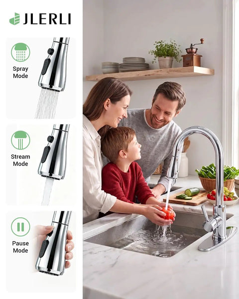 Family using Jlerli Pull-Down Kitchen Faucet, High Arc, Brushed Nickel, 3-Modes Sprayer at a modern sink.