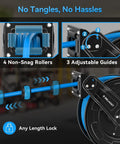 Retractable Air Hose Reel With Fifty Feet Of Three Eighths Inch Hybrid Hose Auto Rewind Heavy Duty Steel Construction 300 PSI Max Ceiling Or Wall Mount Garage Ready For Quick Hookups In Garage Workshop And Home Studio showing non-snag rollers and adjustable guides