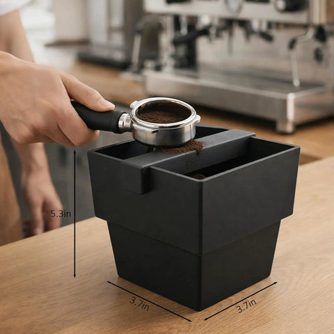 Person using Large Capacity Espresso Knock Box 1200 ML for Coffee Grounds Disposal With Removable Knock Bar and Non Slip Base