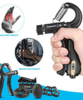 Adjustable Counting Grip Strengthener Kit 5 Pack with Forearm Strengthener, Finger Trainer, Grip Ring, Grip Ball in Black.