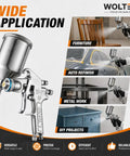 Pro Grade Spray Gun Delivers Smooth As Butter Coats And Sick Looking Finishes On Water Based Paint For Home Reno Jobs, shown in use on various surfaces.