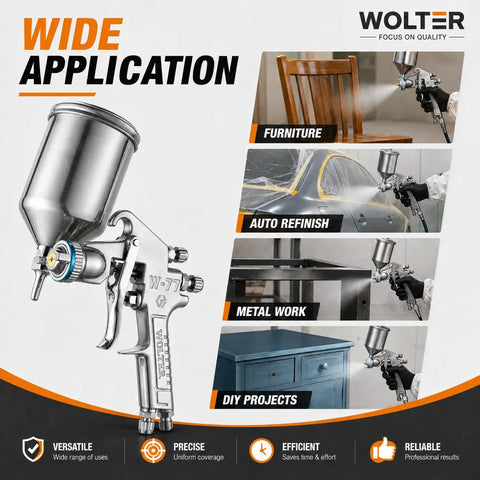 Pro Grade Spray Gun Delivers Smooth As Butter Coats And Sick Looking Finishes On Water Based Paint For Home Reno Jobs, shown in use on various surfaces.