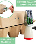 Close-up of 50 Pack Egg Cartons That Hold 12 Eggs Each Built From Molded Pulp Paperboard Eco Friendly Reusable Storage with date stamp.