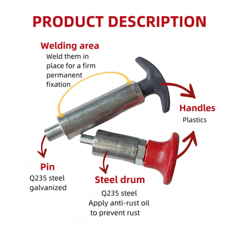 Heavy Duty Spring Loaded Pull Pin With Extended Welded Steel Barrel And Sure Grip Black Handle For Tight Pipe Chassis Setup and Hustle Proof Workshop Gear, showing welded pin and plastic handles.