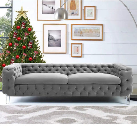 Gray tufted sofa with Clear Acrylic Furniture Legs 6 Inch Set of 4 Modern Pyramid Style Sofa Bench Table Feet for Coffee Tables