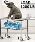 Stainless steel table with 4 inch prep table caster wheels set of 4 with expanding stem from one and a half inch to one and five eighths inch swivel casters, loaded with elephant and water bottles