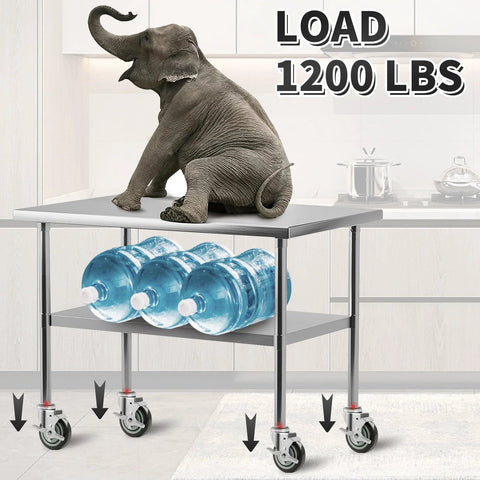 Stainless steel table with 4 inch prep table caster wheels set of 4 with expanding stem from one and a half inch to one and five eighths inch swivel casters, loaded with elephant and water bottles