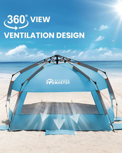 Pop Up Beach Tent For 3 To 4 People With Sandbags, Easy One Person Setup showcasing 360° ventilation design on a sunny beach