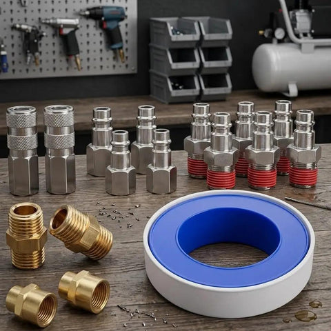 Super Quick Connect Air Coupler Kit For Compressor Tools With Premium Brass And Steel Pneumatic Fitting Set In 1/4 Inch NPT Size For Garage Auto Shop Use To Maximize Workflow Efficiency Today, assorted fittings on workbench