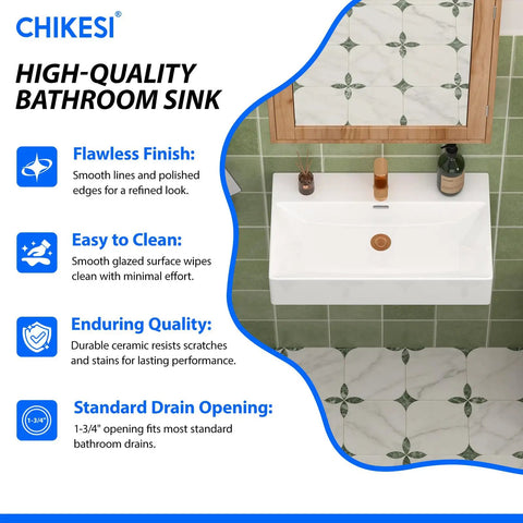 CHIKESI 24"x14" Wall Mount Sink, White Rectangular with smooth finish and easy-to-clean surface in a modern bathroom setting.